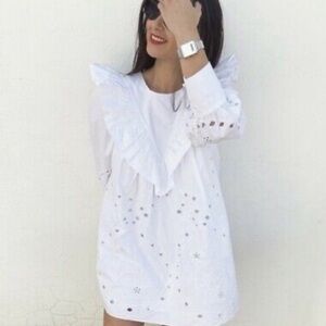 Zara White Embroidered Ruffle Collar Dress